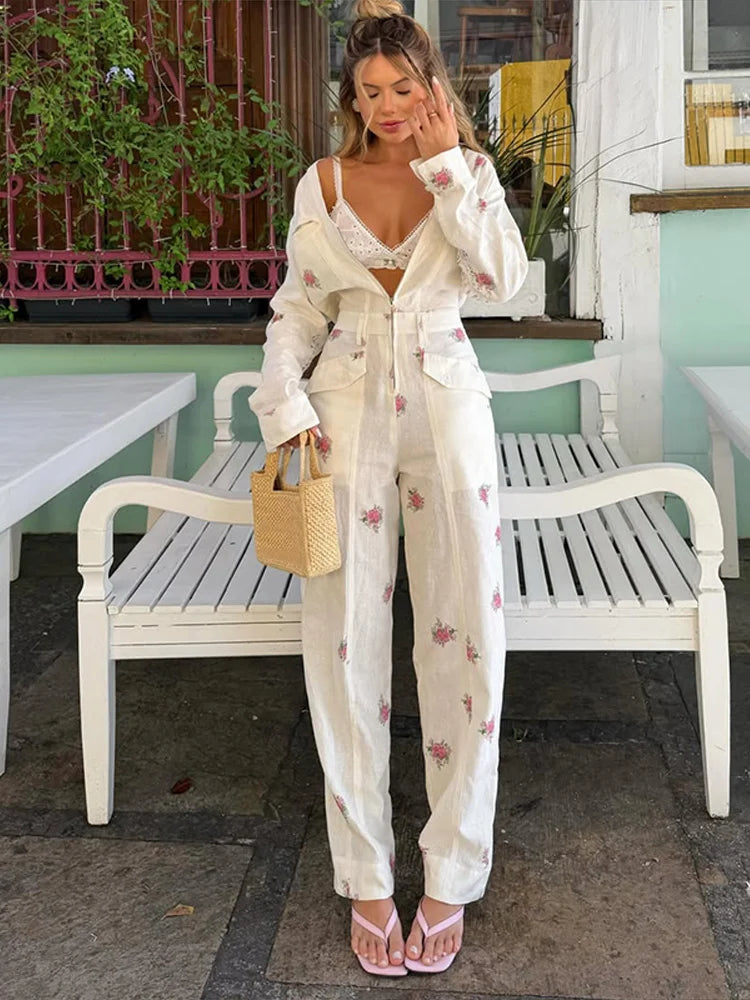 Elegant Print Women Jumpsuits Fashion Long Sleeve V-neck Zippers Female Overalls 2026 Summer Autumn All-match Lady Outfit New
