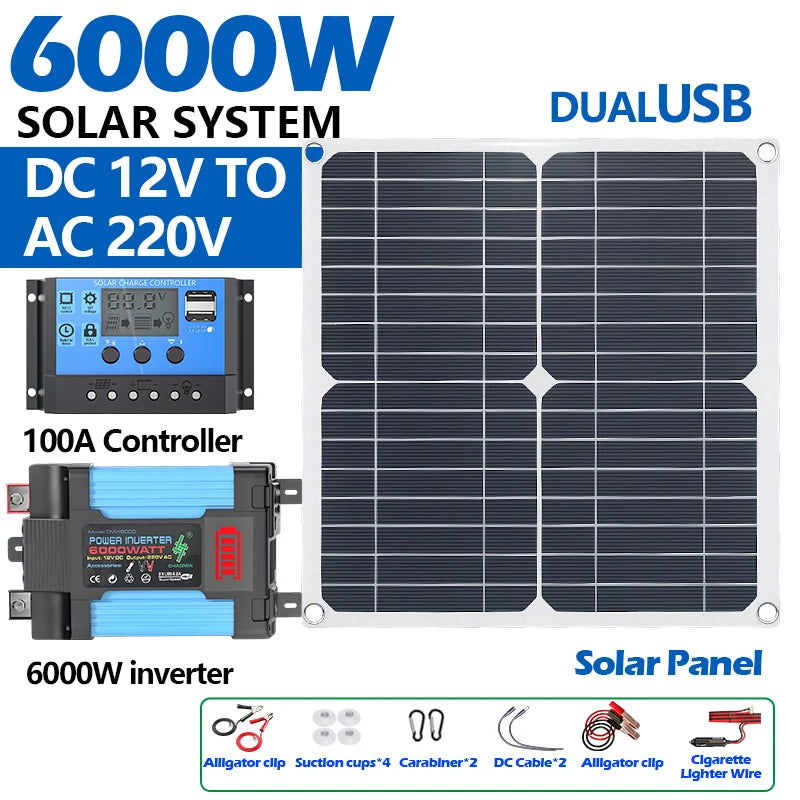 Complete Off-Grid 6000W Solar Power Kit+200W Foldable Solar Panel - Portable Power Station for Home Backup, RV Camping Car