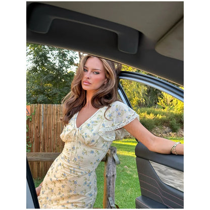 Fashion V-neck Floral Women Maxi Dress Flutter Sleeve Lace Trim High Waist Chiffon Vestidos Summer Female Daily Vacation Dresses