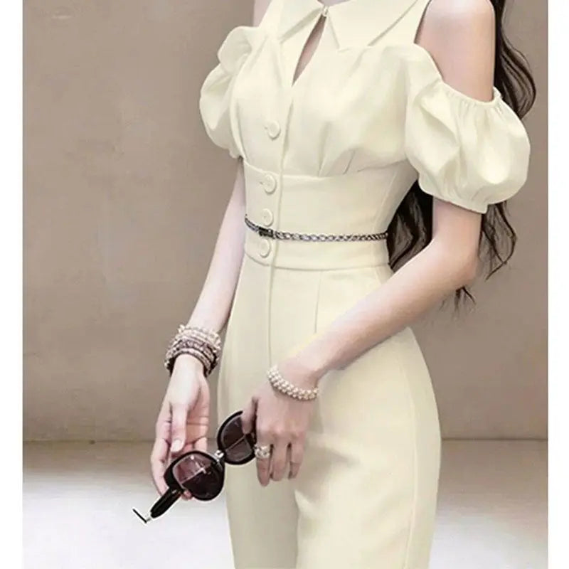 New French Summer Fashion Jumpsuit Women Puff Sleeve Off Shoulder Lapel Slim Waist Elegant Party Jumpsuits Solid Color