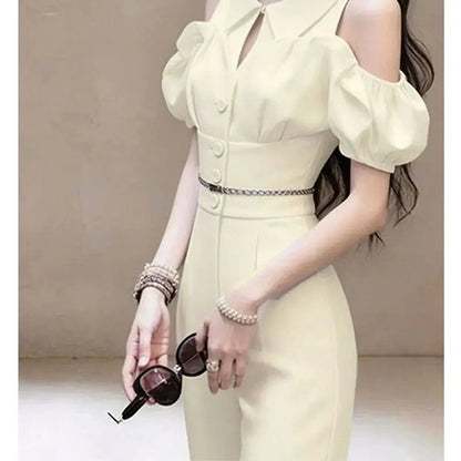 New French Summer Fashion Jumpsuit Women Puff Sleeve Off Shoulder Lapel Slim Waist Elegant Party Jumpsuits Solid Color