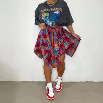 Womens Plaid Skirts High Elastic Waisted Knot Front Asymmetrical Hem Mini Skater Skirt Y2K Streetwear A Line Pleated Skirts
