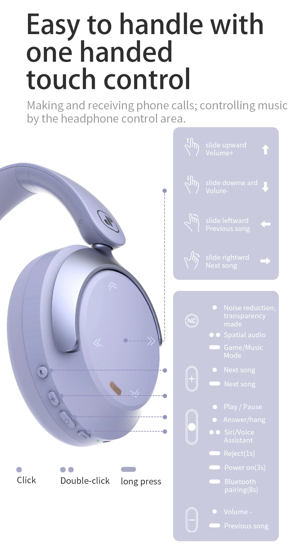 Hybrid ANC Over-Ear Bluetooth Headphones, Spatial Audio 3D Surround Sound Low Latency Gaming Headset with 70H Playback, Mics Noise Canceling Wireless Headphones with Touch Control & Hearing Protection