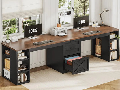 Farmhouse 96.5" 2 Person Computer Desk with Drawers for Home Office | Gaming Double Desk with Storage Shelves, Long Two, Custom