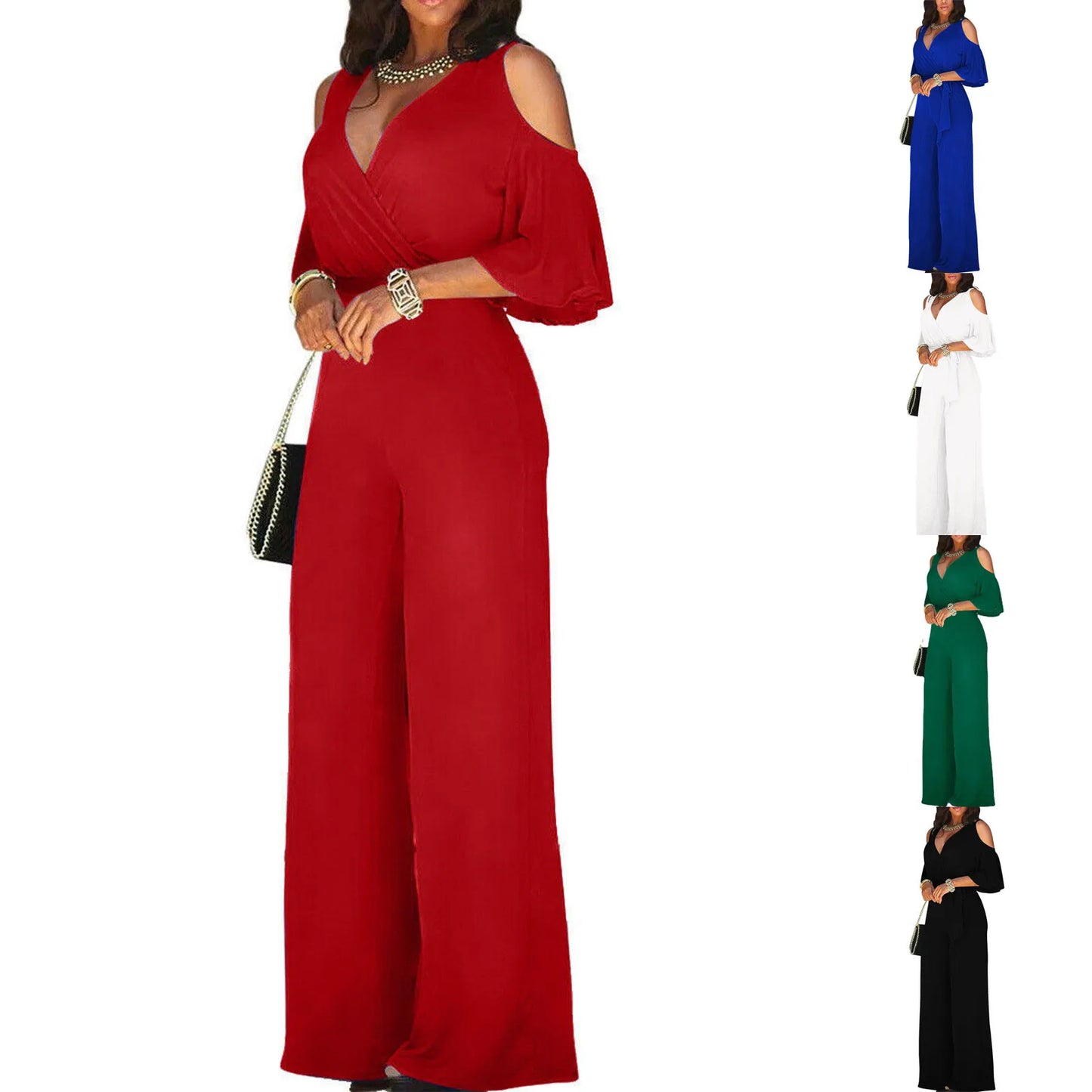 Jumpsuit Summer Pure Color Women Sexy Deep V Neck Short Sleeve Rompers Fashion Slim Fit Lace Up Elegant Female Wide Leg Jumpsuit