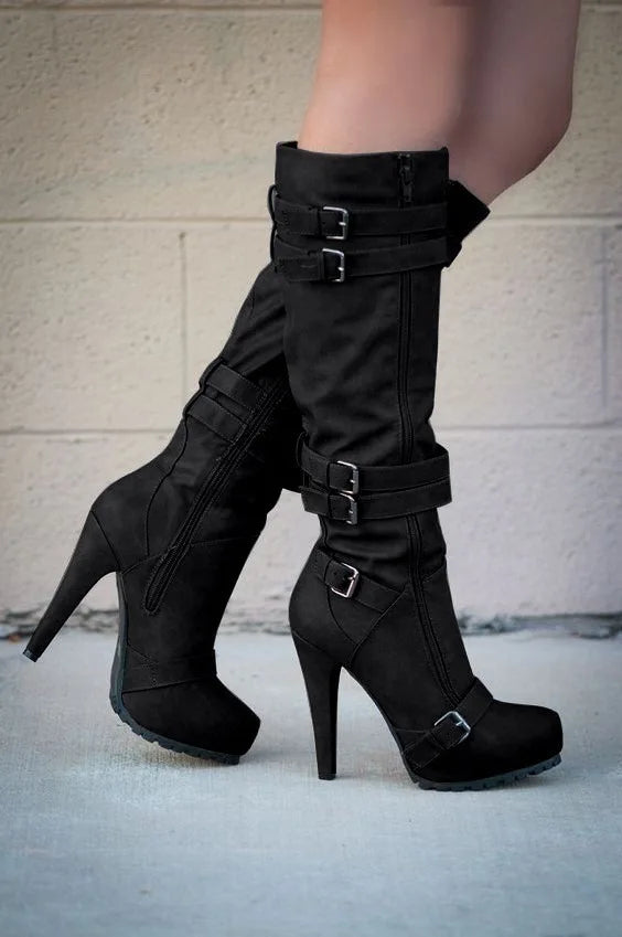 Fashion Women's Boots Knee High Mature Fashion Boots 9CM Stiletto European and American Style Side Zipper Round Head Women Shoes