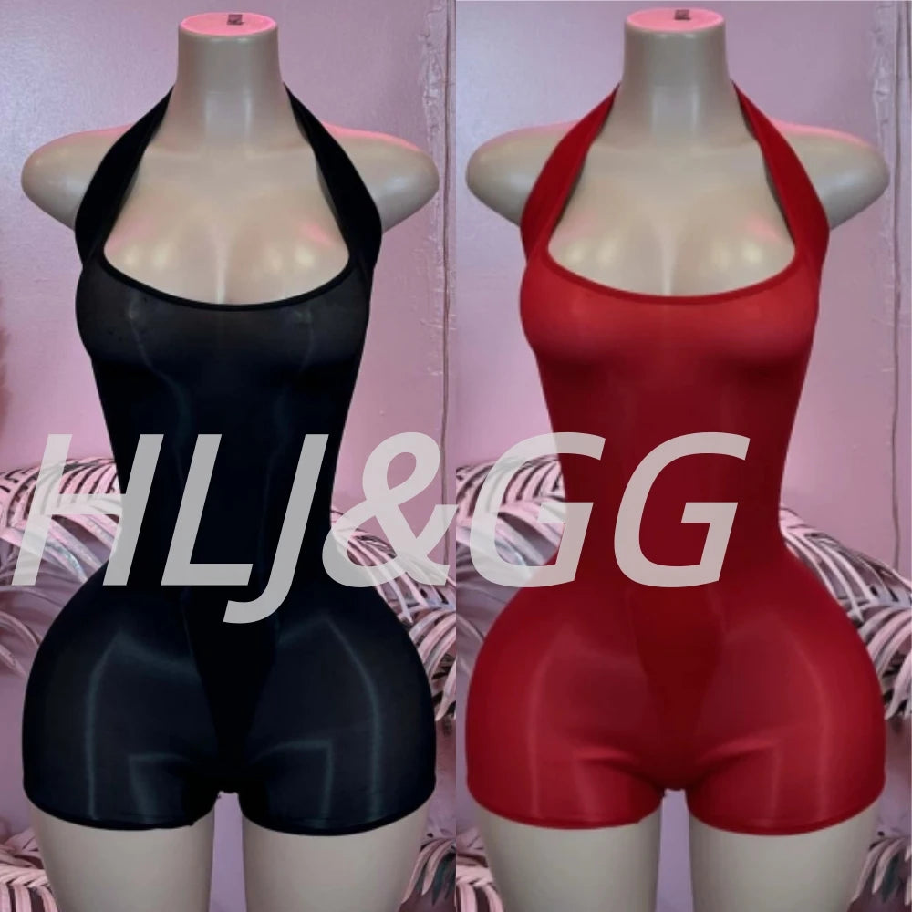 HLJ&GG Sexy Mesh See Though Halter Bodycon One Piece Rompers Women Sleeveless Backless Slim Jumpsuits Fashion Stretchy Overalls