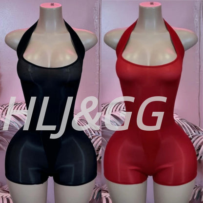 HLJ&GG Sexy Mesh See Though Halter Bodycon One Piece Rompers Women Sleeveless Backless Slim Jumpsuits Fashion Stretchy Overalls