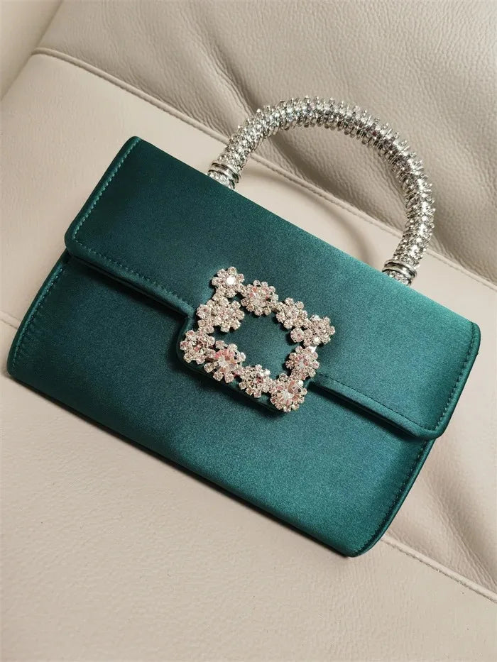 Rhinestone Faux Silk Emerald Evening Bag Silver Diamond Buckle Handle Fashion Handbags Elegant Ladies Square Bolsa Feminina