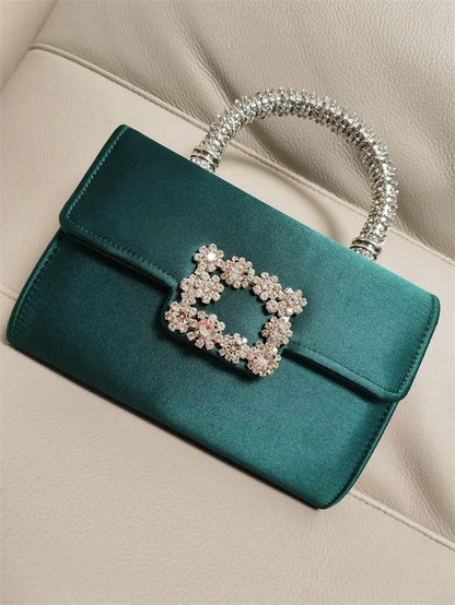 Rhinestone Faux Silk Emerald Evening Bag Silver Diamond Buckle Handle Fashion Handbags Elegant Ladies Square Bolsa Feminina