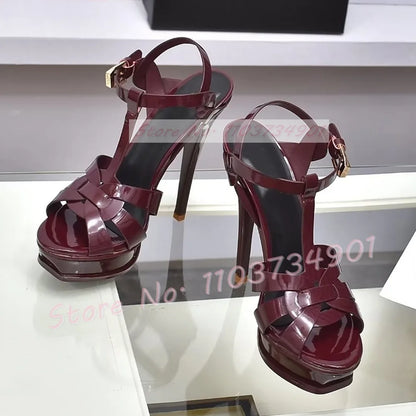 Platform Shiny Leather Cage Sandals Women Open Toe Ankle Strap High Heels Sandals Lady Stone Pattern Sexy Elegant Luxury Shoes