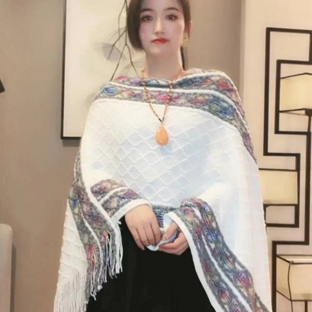 Plush Winter Warm Mongolian Poncho Ethnic Style Imitation Cashmere Rhombic Stripe Tassel Shawl Knitting Wraps Women Fashion