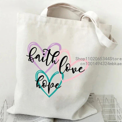 Faith Printed Heart Graphics Women Canvas Shoulder Tote Bag Casual Fashion Shopping Cases Bag Storage Handbag Christian Gifts
