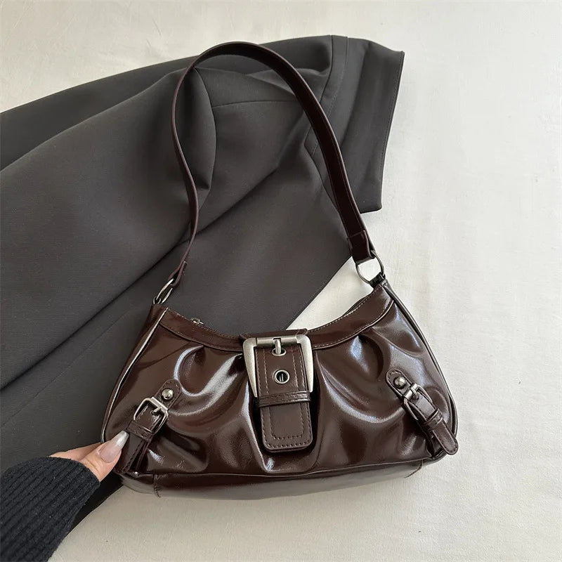 Fashion Pleated Lock Design Women's PU Shoulder Bags Simple Solid Color Ladies Underarm Bag Portable Cool Girls Phone Handbag