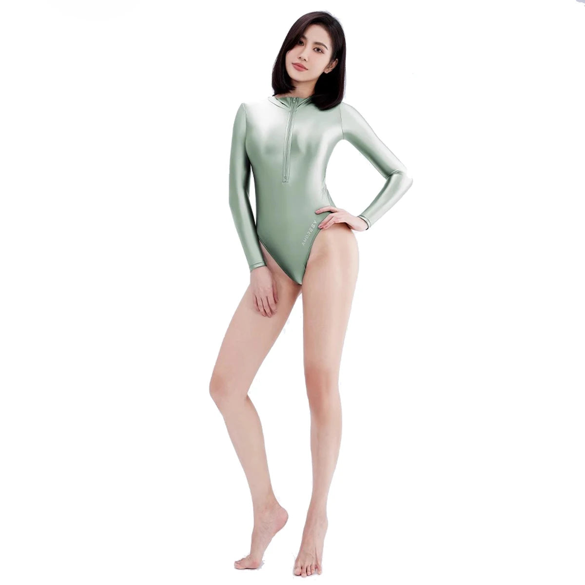 AMORESY Women Glossy Smooth Untra-thin Long-sleeve High Cut Swimsuits One-piece Stretch Tights Swimwears Leotards Bathing Suits