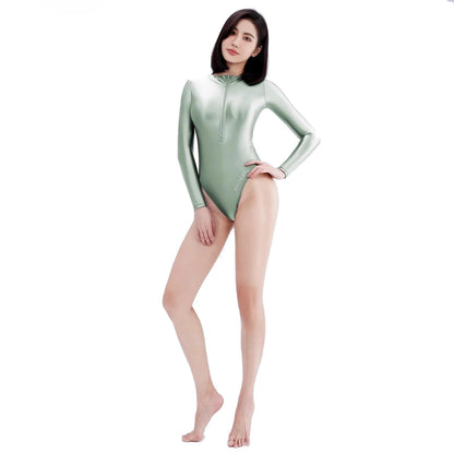 AMORESY Women Glossy Smooth Untra-thin Long-sleeve High Cut Swimsuits One-piece Stretch Tights Swimwears Leotards Bathing Suits
