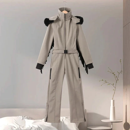 Thicken One-piece Ski Suit Women Faux Fur Hooded Tassels Coat High Waist Belt Jumpsuit 2025 Winter Windproof Waterproof Skiwears