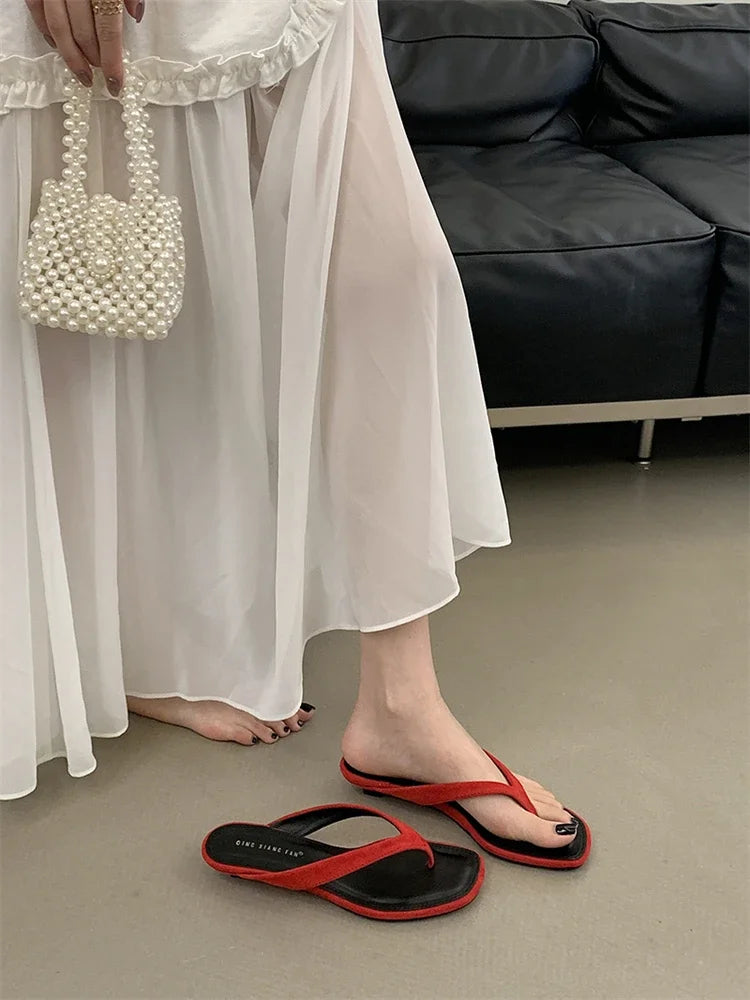ZAROY Red Women's Flip Flops Summer Slippers Square Clip Toe Thin Low Heels Casual Beach Mules Slides Thongs Sandals Zapatos