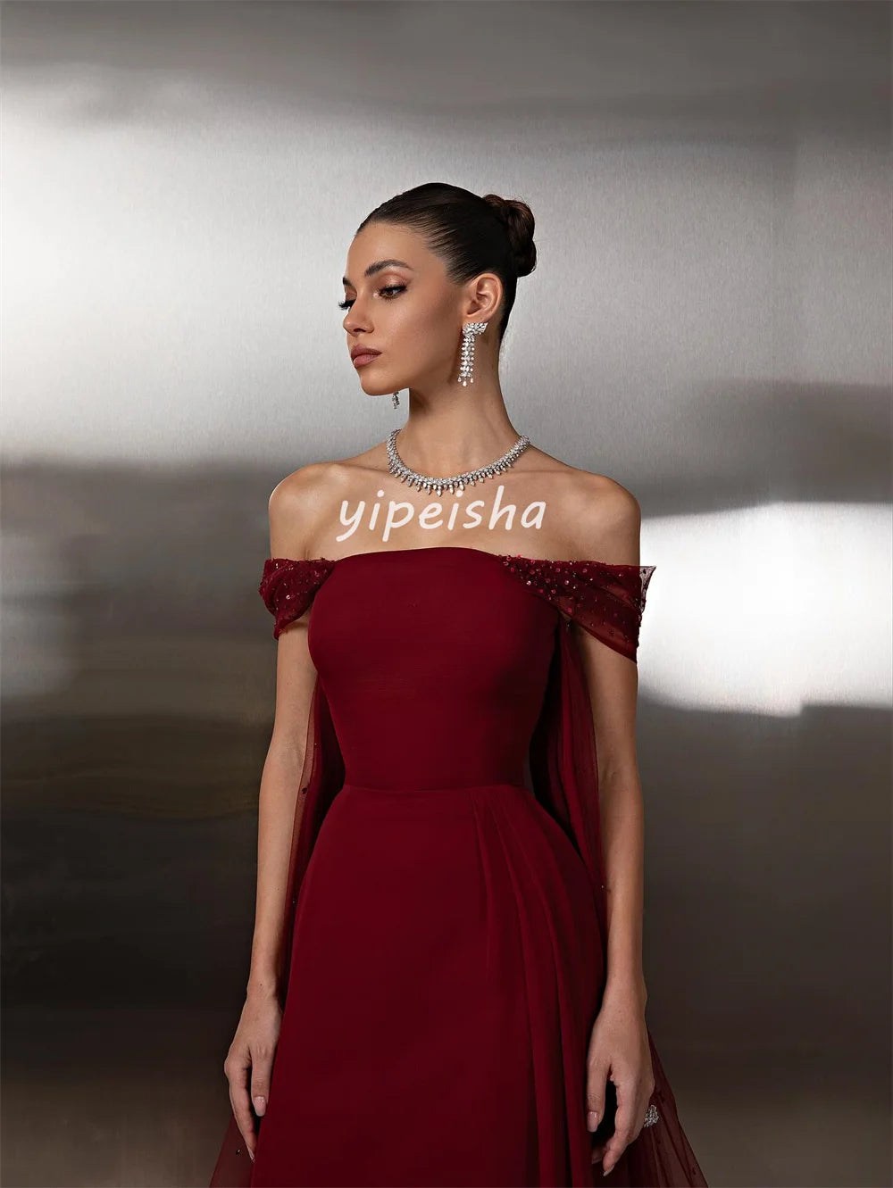 Customized Sparkle Intricate Chiffon Sequined Beading A-line Off-the-shoulder Long Dresses Bespoke Occasion Dresses High Quality