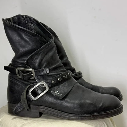 American Retro Motorcycle Boots For Men Distressed Western Boots Buckle Strap Knight Boots Leather Rock Punk Men's Boots