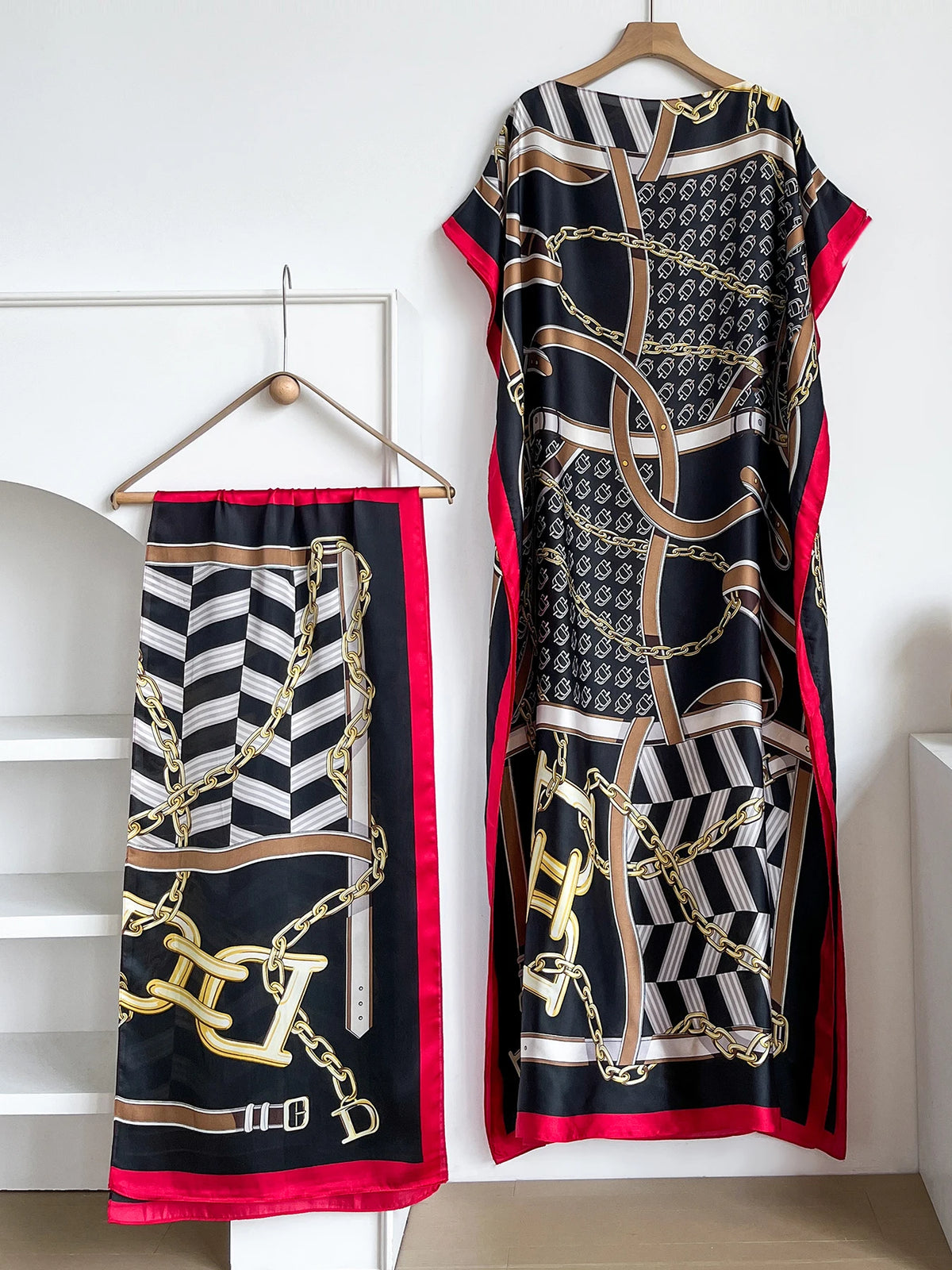 Popular Chain Print Boat Neck Modest Dress Elegant Batwing Sleeve Loose Maxi Dress With Hijab African Women's Clothing