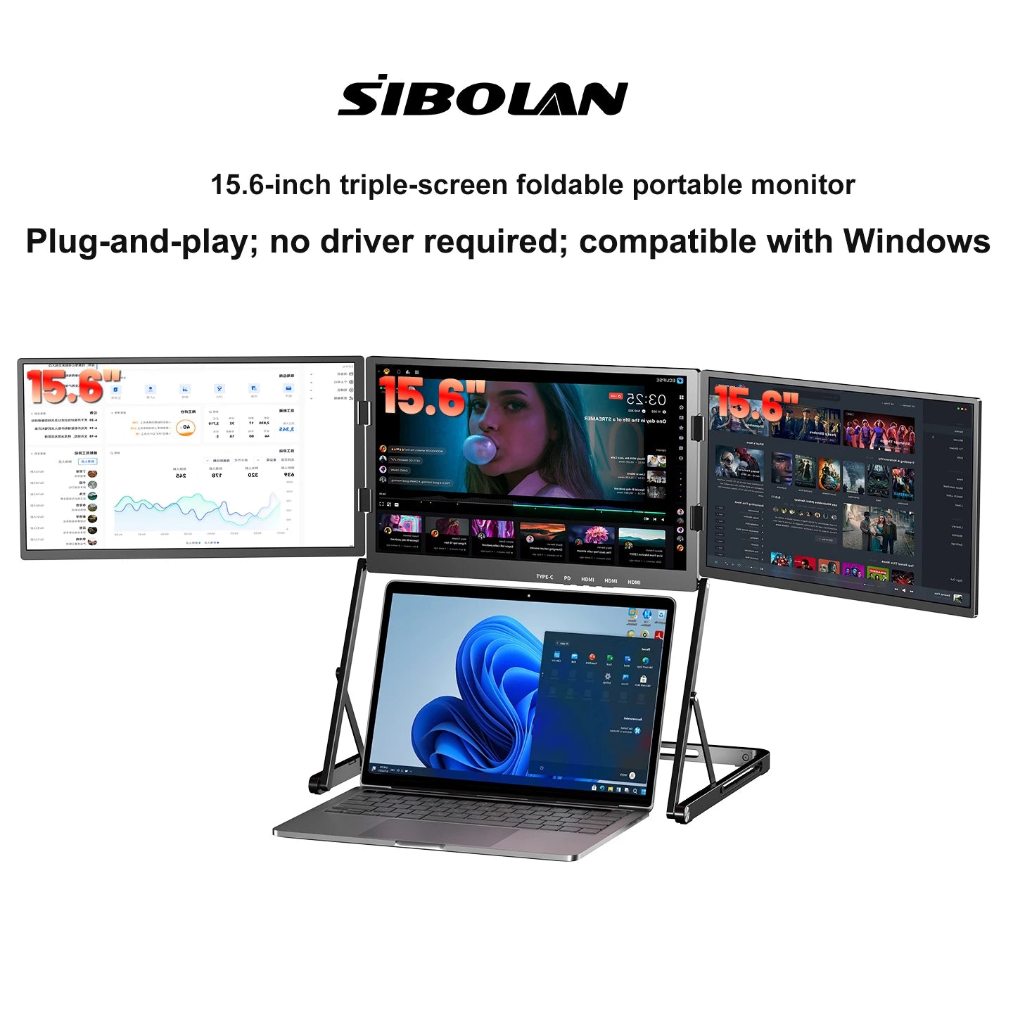 SIBOLAN 16 Inch Triple Screen Foldable Extender Display 2.5k/1080P IPS All-Metal Adjustable Stand USB C for MAC Laptop Travel