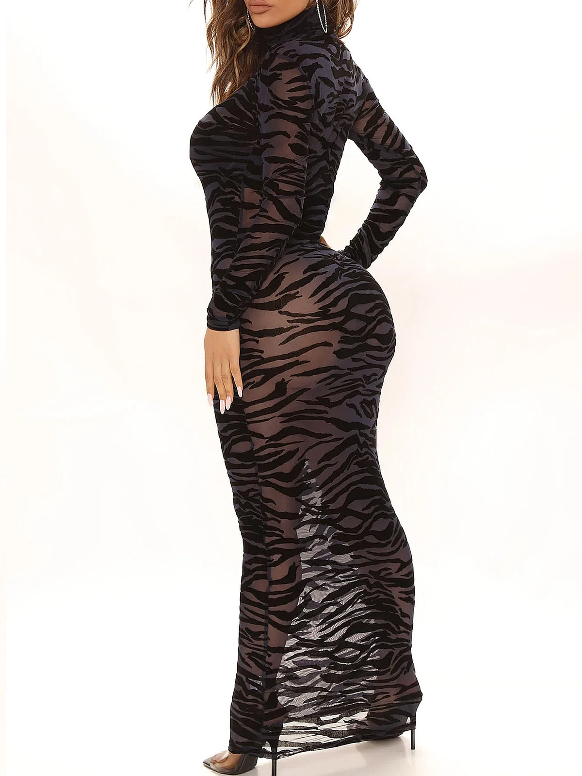 Women's mesh printed long sleeved dress, slim fit and slimming, spicy girl dress