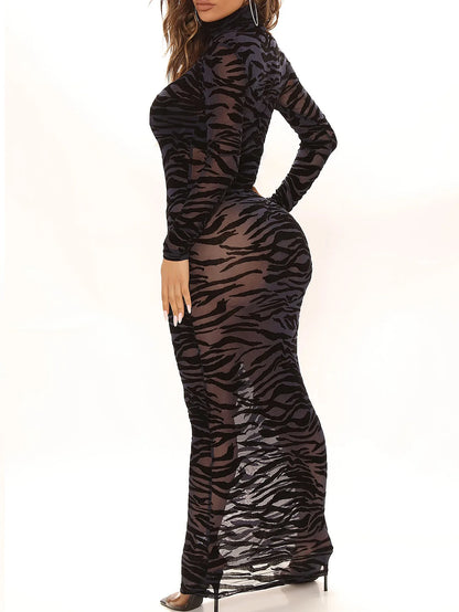 Women's mesh printed long sleeved dress, slim fit and slimming, spicy girl dress