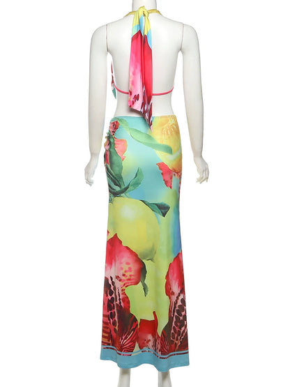 Weird Puss Colorful Leopard Women 2 Piece Set Y2K Beach Vacation Halter Tank Tops+Wrapped Maxi Skirts Matching Vacation Clubwear