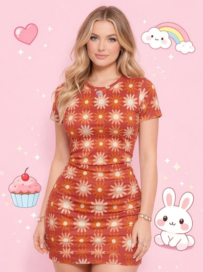 Womens Short Sleeve Bodycon Mini Dress Slim Fit Crew Neck Floral Print Casual Summer Party Lightweight Stretch Vacation Sundress
