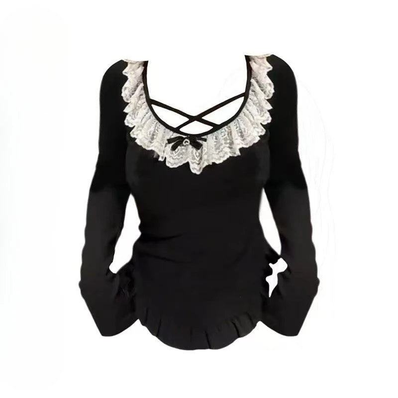 Korean Fashion Elegant Patchwork Lace Tops Slim Casual Long Sleeve Blouse 2000s American Vintage Sweet Pullover Chic