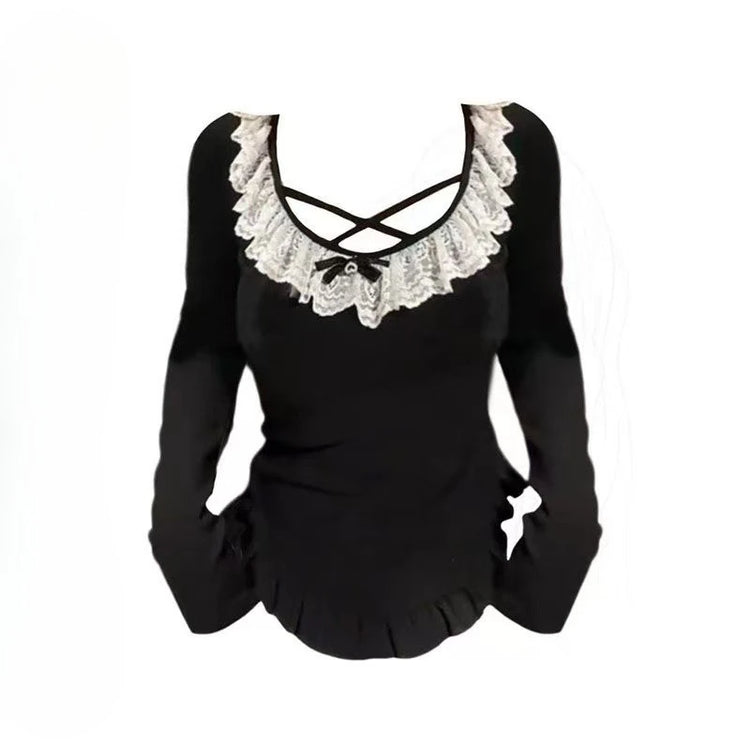 Korean Fashion Elegant Patchwork Lace Tops Slim Casual Long Sleeve Blouse 2000s American Vintage Sweet Pullover Chic