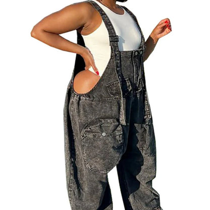 Denim Jumpsuits Women One Piece Pants Sleeveless V Neck Pockets High Waist Straight Pant Casual Rompers Overalls Spring Summer
