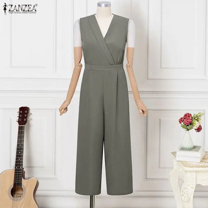 ZANZEA Women Jumpsuits Solid Sleeveless V Neck Rompers Elegant Office Ladies Clothing European Bottoms Pockets Casual Overalls