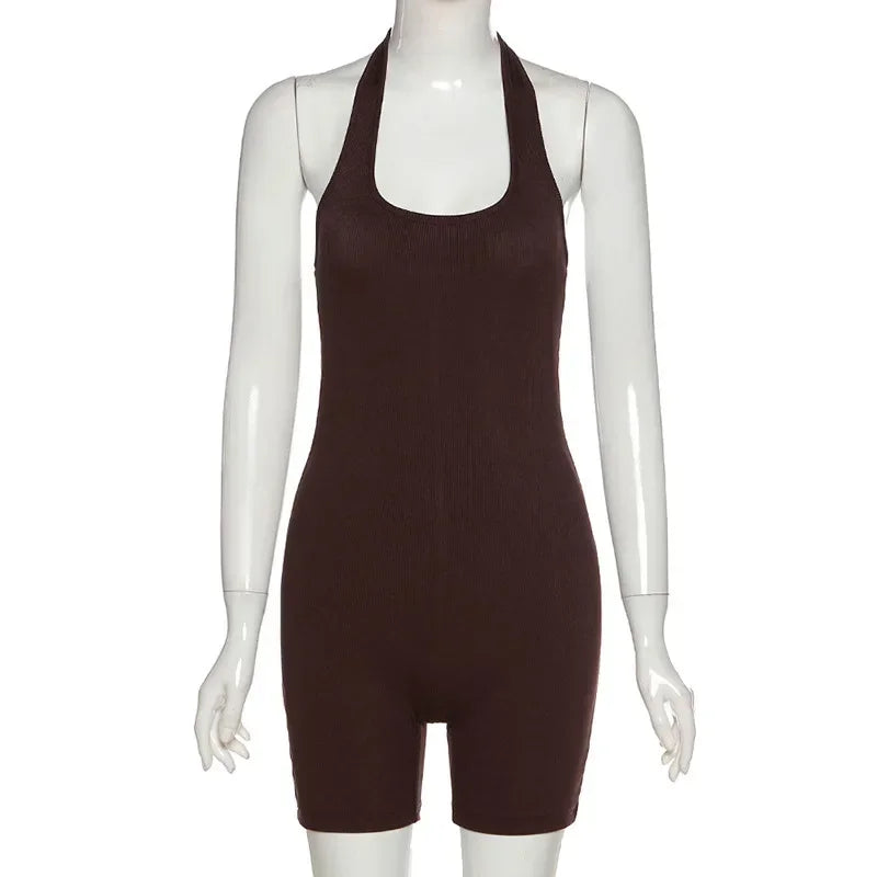 European Fashion Women's Solid Color Hollow Hanging Neck and Backless One-piece Sports Shorts with High Waist and Tight Fit