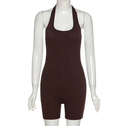 European Fashion Women's Solid Color Hollow Hanging Neck and Backless One-piece Sports Shorts with High Waist and Tight Fit