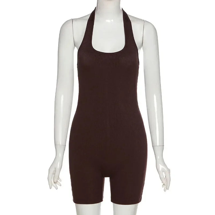 European Fashion Women's Solid Color Hollow Hanging Neck and Backless One-piece Sports Shorts with High Waist and Tight Fit