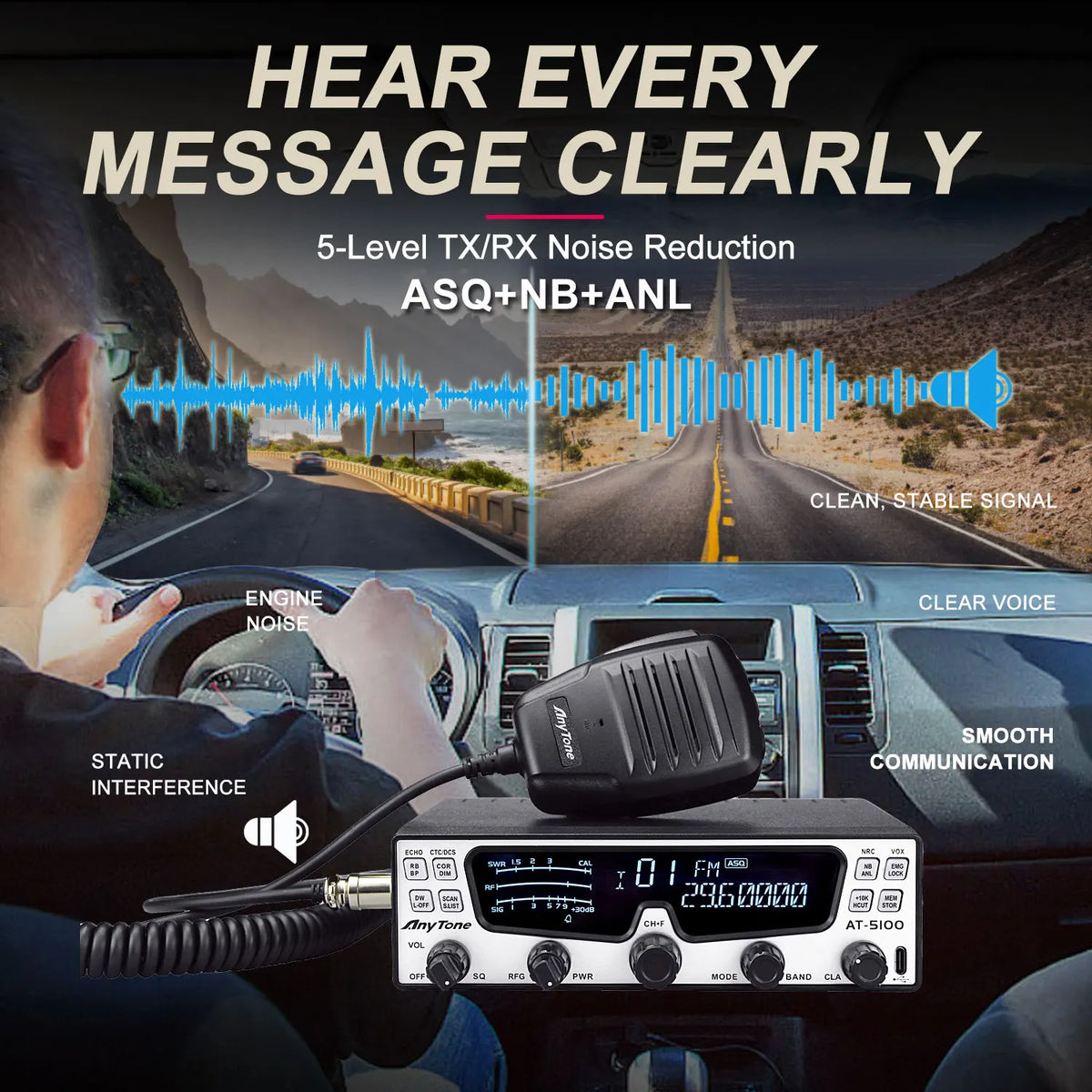 Anytone Walkie Talkie AT-5100 10m Amateur Mobile Radio SSB AM FM USB LSB CW PA 35W PEP NRC Noise Reduction HF CB Transceiver