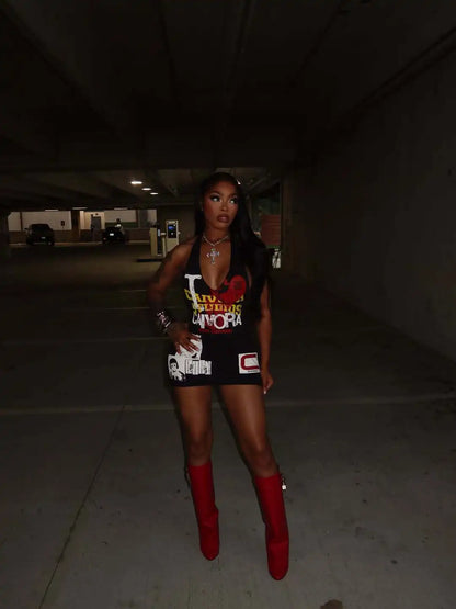 STYLISH LADY Halter Backless Mini Dress Women Graffiti Comic Print V Neck Bodycon Short Dress Y2K Streetwear Club Party Outfit