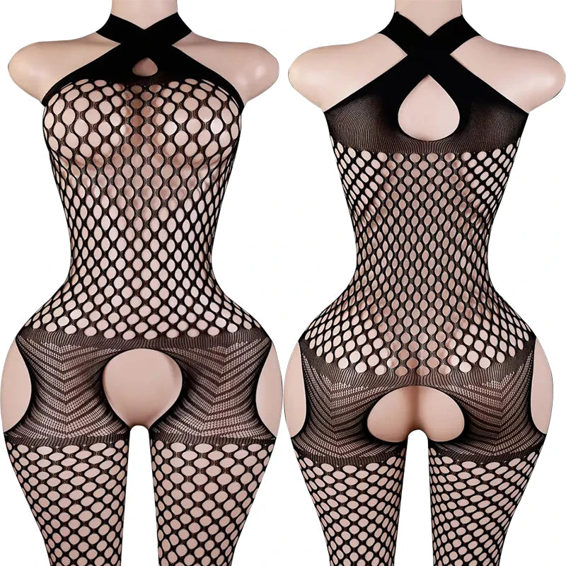 Sexy Backless Crotchless Jumpsuits For Women Fishnet Hollow Romper Erotic Outfits Hanging Neck Bodycon Jumpsuit Mesh Streetwear