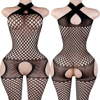 Sexy Backless Crotchless Jumpsuits For Women Fishnet Hollow Romper Erotic Outfits Hanging Neck Bodycon Jumpsuit Mesh Streetwear