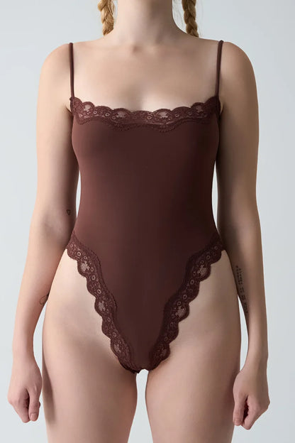 New Women's Sexy Square Neck Lace Panel Bodysuit Sleeveless Spaghetti Strap Jumpsuit Solid Color Slim Bodycon Rompers Tank Tops