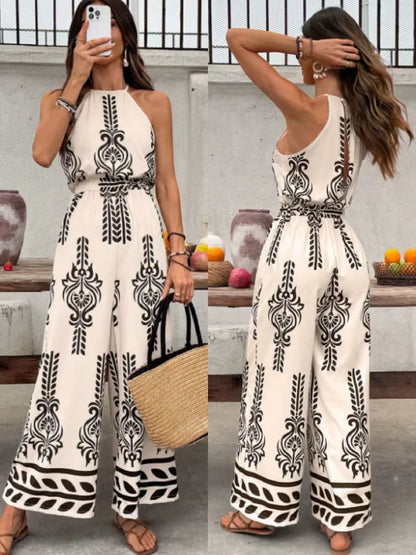 New Trendy Women's One-Piece Pants, with Loose Leg Design, lightweight and Smooth Fabric, High Elasticity Waistband, Black and White Retro Ethnic Print, American Size, Shipped from the US Warehouse, Fast Delivery, Bohemian St