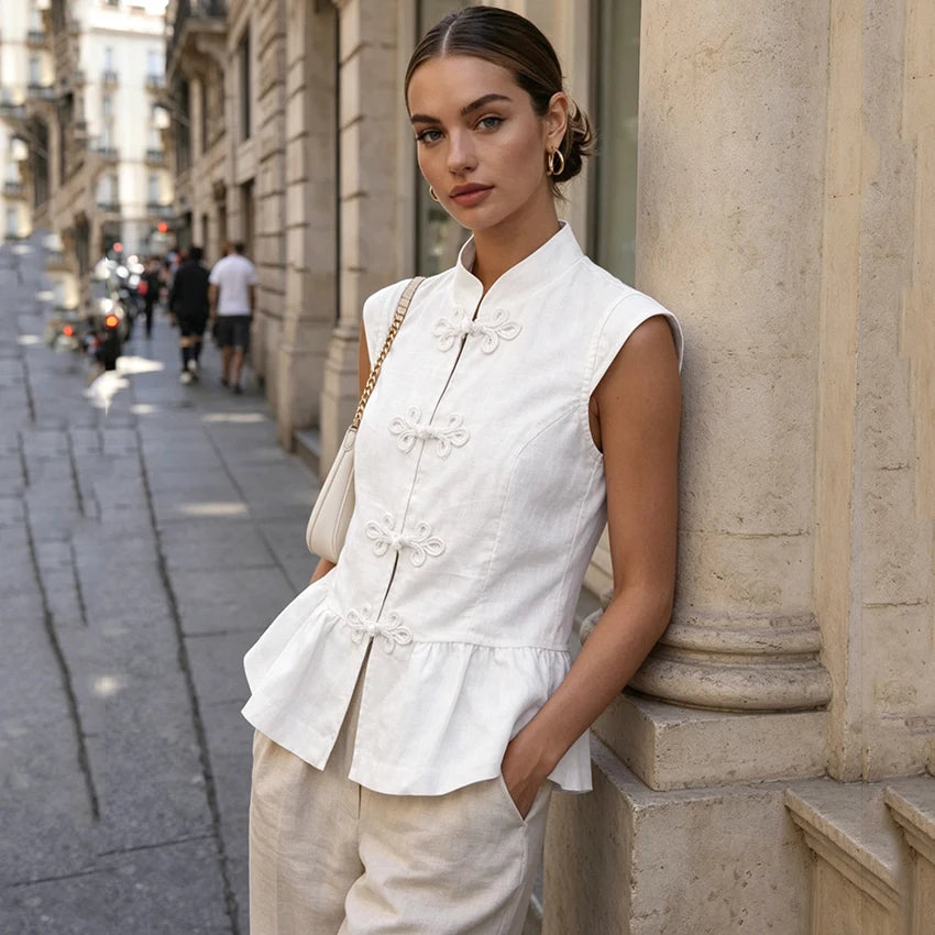 Linad Summer Chinese Style White Single Breasted Vest Woman Vintage Slim Stand Collar Tops 2026 Street Chic Sleeveless Tank Top