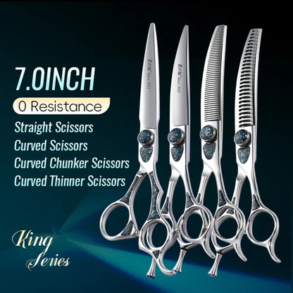 Fenice King Series 7/7.5Inch VG10 Shell Bearing Screws Dog Trimming Grooming Straight Curved Thinner Chunker Pet Scissors Tools