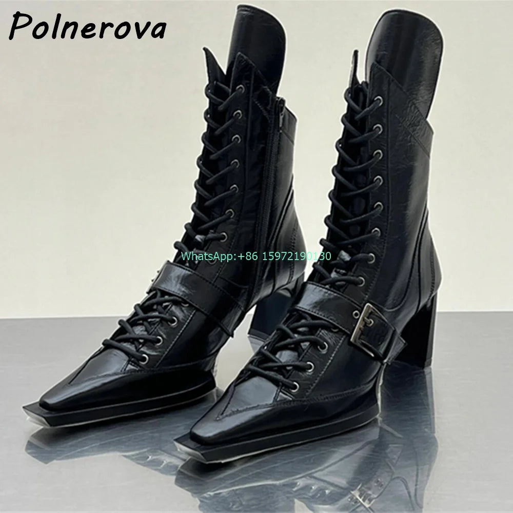 Buckle Belt Cross Tied Boots Solid Square Toe Strange Style Heels Zipper Black Ankle Boots Women's Genuine Leather Modern Boots