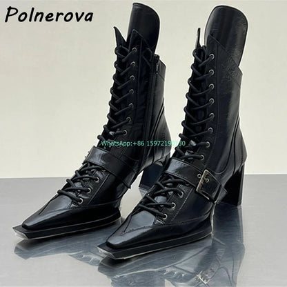 Buckle Belt Cross Tied Boots Solid Square Toe Strange Style Heels Zipper Black Ankle Boots Women's Genuine Leather Modern Boots