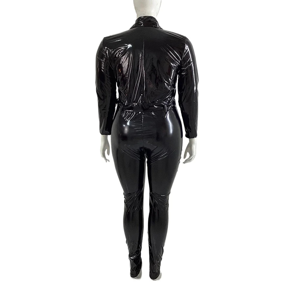 Plus Size Faux Latex Catsuit Elastic PVC Leather Zipper Long Sleeve Jumpsuit Tight Sexy Cosplay Rompers Ankle-length Club Zentai