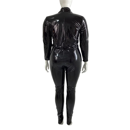 Plus Size Faux Latex Catsuit Elastic PVC Leather Zipper Long Sleeve Jumpsuit Tight Sexy Cosplay Rompers Ankle-length Club Zentai