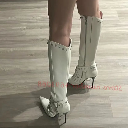 Pointy Hottie Biker Long Boots Women Sexy Crystal Rivets Belt Buckle Stiletto Heels White Boots Winter Outfit Fashion Lady Shoes